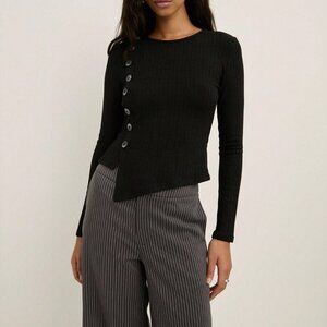 Black Casual Women's Ribbed Long Sleeve Top with Statement Buttons